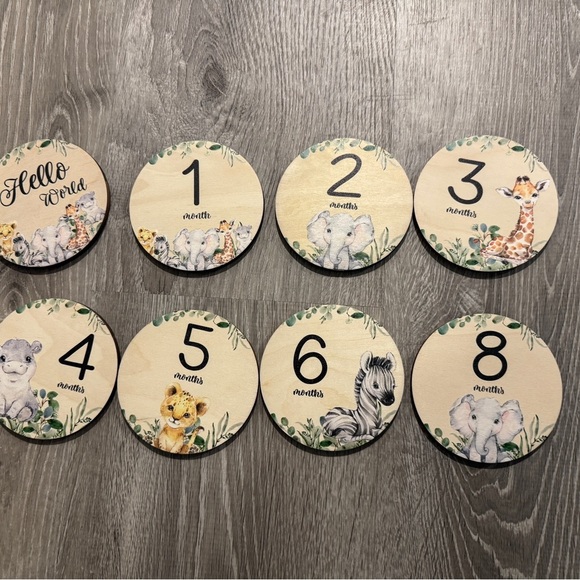 New in Bag- Wooden Baby Milestone Discs with Zoo Animals- Front and Back - Picture 1 of 3